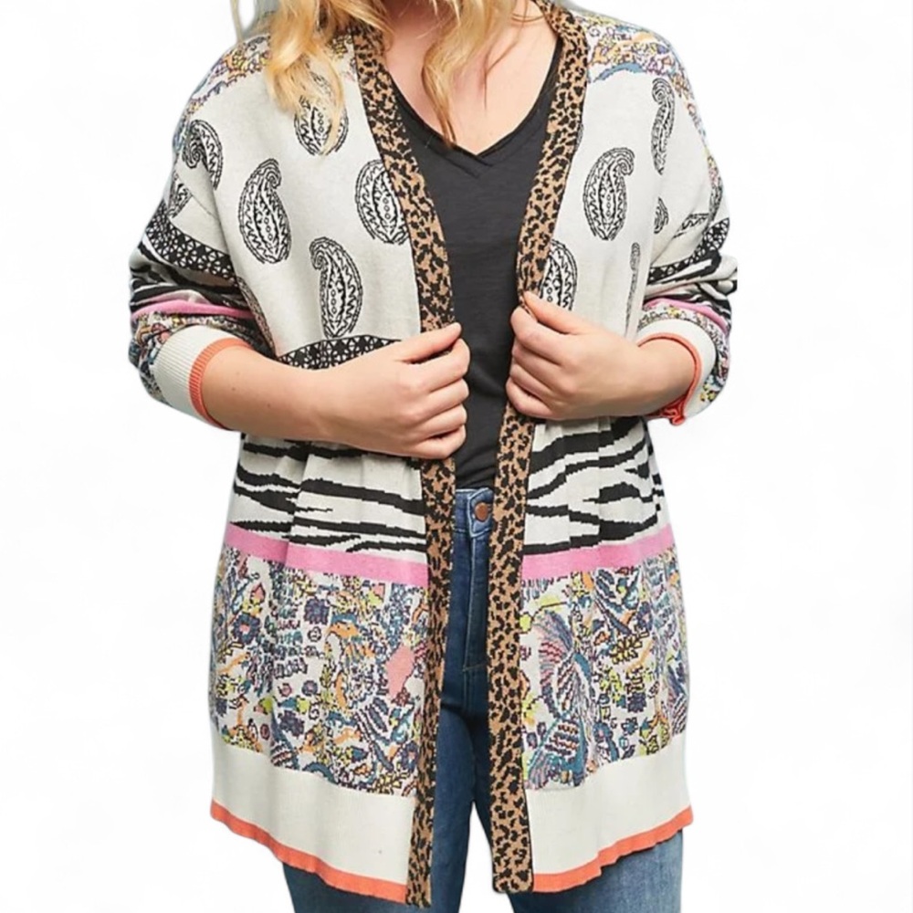 ANTHROPOLOGIE Bricolage Mixed Print Zebra Paisley Cardigan Kimono Oversized Sz S